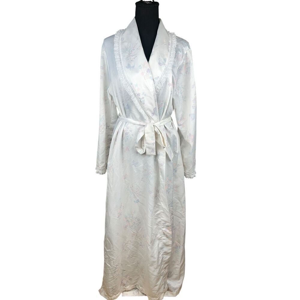 Barbizon Wrap Around Robe Long Sleeve white pastel butterfly floral Satin M/L